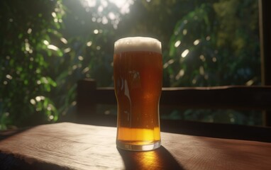 A glass of lager beer on a table on a jungle background fresh light beer illustration Generative AI