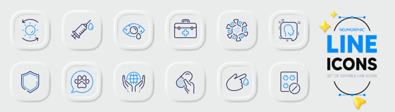 Organic tested, Coronavirus and Conjunctivitis eye line icons for web app. Pack of Medical tablet, Sun protection, Medical syringe pictogram icons. Shield, First aid, Capsule pill signs. Vector