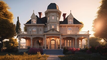 Fototapeta premium Victorian exterior house design in daytime golden hour generative ai
