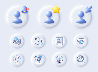 Cogwheel, Medical helicopter and Timer line icons. Placeholder with 3d cursor, bell, star. Pack of Alcohol addiction, Face id, Incubator icon. Fake news, Search employees pictogram. Vector