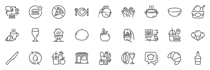 Icons pack as Bowl dish, Juice and Table knife line icons for app include Fast food, Dish plate, Best food outline thin icon web set. Market, Refill water, Macadamia nut pictogram. Vector