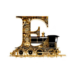 letter E with gold, train, lettering, calligraphy, monogram letter E