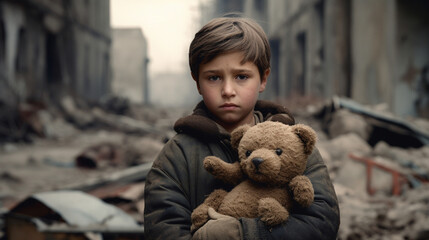 A sad boy standing with bear in front of collapse buildings area, natural disaster or war victim, sorrow scenery idea for support children's right - AI Photography - obrazy, fototapety, plakaty