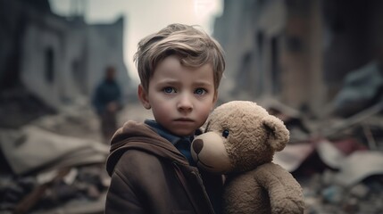 A sad boy standing with bear in front of collapse buildings area, natural disaster or war victim, sorrow scenery idea for support children's right - AI Photography - obrazy, fototapety, plakaty
