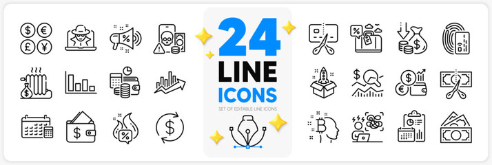 Icons set of Radiator, Wallet and Bankrupt line icons pack for app with Deflation, Travel loan, Bitcoin think thin outline icon. Phishing, Card, Fraud pictogram. Report, Startup, Usd exchange. Vector