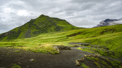 Lone hiker walking the trails, lush moss and meadows in Skogafoss area, Iceland