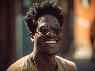 Fototapeta na wymiar Handsome portrait of black man smiling. Afro American guy with sun glasses. Generative Ai