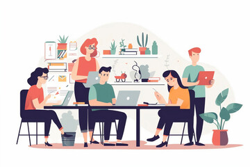 Fototapeta na wymiar Group of business people working in office, collaborating on a project, sharing ideas. AI generative illustration, vector flat design style