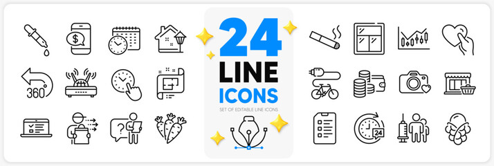 Icons set of Checklist, Financial diagram and Web lectures line icons pack for app with Food delivery, Electric bike, Smoking thin outline icon. 24h delivery, Carrots. Design with 3d stars. Vector