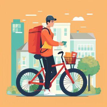 Delivery man on bike with rucksack and shopping boxes. AI generative illustration, vector flat design style