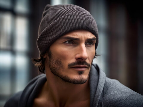 Attractive man wearing knit beanie hat, generative Ai