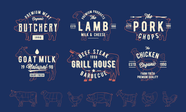 Farm animals badges, stamps and poster set. Butchery, Grill, Dairy logo. 7 Farm animals silhouettes. Cow, Goat, Chicken, Pig, Lamb, turkey silhouettes. Vintage poster template. Vector Illustration