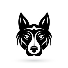 Black dog head design with tribal face logo on white background. Mystic symbolism style on white background