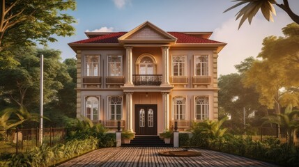 Fototapeta na wymiar Colonial exterior house design in daytime golden hour generative ai