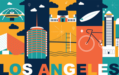 Typography word Los Angeles branding technology concept. Collection of flat vector web icons. American culture travel set, architectures, specialties detailed silhouette. Doodle famous landmarks.