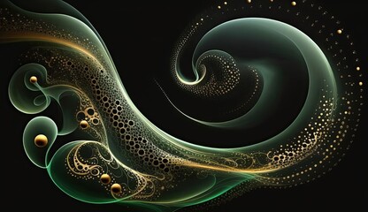 AI-generated abstract illustration of sensuous, graceful curves, curls, swirls and dots in gold and green. MidJourney.