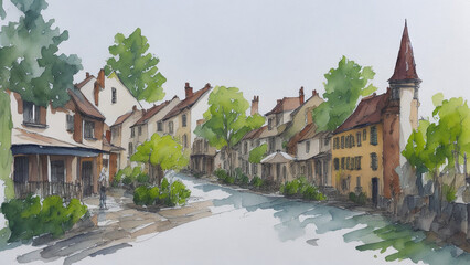 Fototapeta na wymiar Watercolor painting of the spring town street