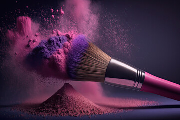 Cosmetics brush and explosion makeup powder, creative concept, generative ai