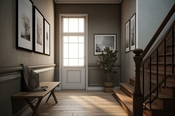 Farmhouse hallway interior features a poster frame mockup in a realistic 3D rendering. Generative AI