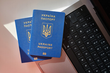 Biometric Ukrainian passport close up. Document used to travel outside Ukraine