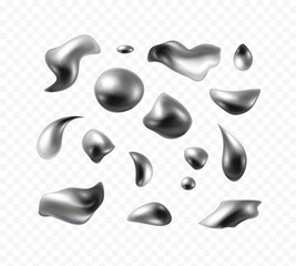 Chrome metal ball and droplet set isolated on transparent background. Vector 3D mercury, liquid silver blob, steel sphere, orb, metallic paint drop or glossy grey bubbles
