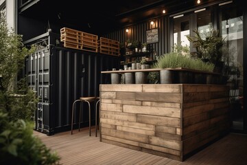 Fototapeta na wymiar A sustainable and recycled container box redesigned as a restaurant, office or house with a modern and minimalist wooden and black metal contemporary design. Generative AI