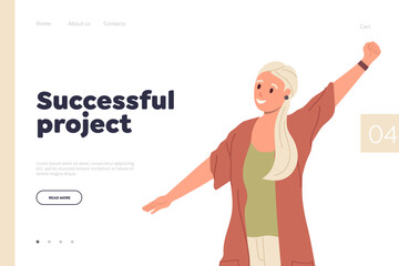 Successful project landing page design template with happy excited woman worker celebrate victory