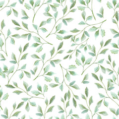 Watercolor drawing, sprig with bluebell flowers, light leaves. Seamless pattern. Illustration for fabric, paper, gift design, cards and packaging.