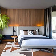 14 A mid-century modern bedroom with a platform bed, geometric rug, and retro accents4, Generative AI