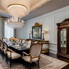 15 A French-inspired dining room with a chandelier, upholstered chairs, and ornate decor1, Generative AI