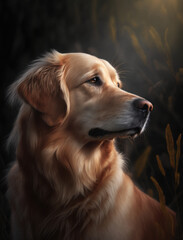 close up portrait of a cute golden retriever outdoor on the nature. AI generative