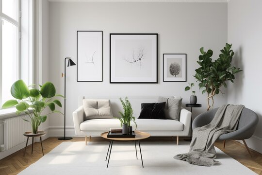 White living room with a minimalistic design and a blank picture frame mockup on a white wall. Generative AI