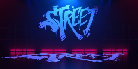 hip hop breakdance stage dancing room with wall for graffity, floor of dance club, 3d illustration rendering background