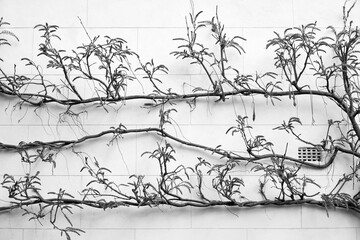 Wisteria branches against a white wall