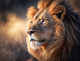 Fototapeta premium closeup portrait of a lion on the nature. AI generative