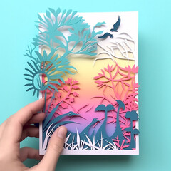 beautiful postcard in papercut style, pastel colors, holiday, greetings, decor, decoration, abstract, art, colorful gradient, generative ai