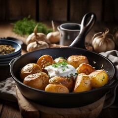 Baked potatoes with sour cream on top, generative ai