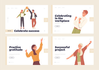 Set of landing page template with business people celebrating success and victory at workplace