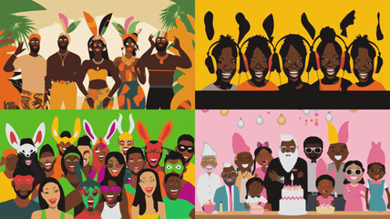  Happy Easter with Afro-American People in Bunny Ears Vector Art Flat