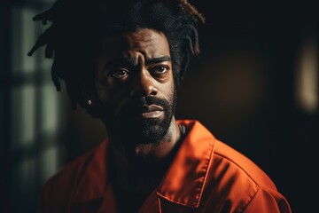 Fototapeta premium Prisoner in an Orange Suit sitting in prison. Generative Ai