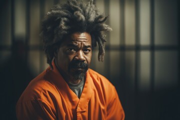 Fototapeta premium Prisoner in an Orange Suit sitting in prison. Generative Ai