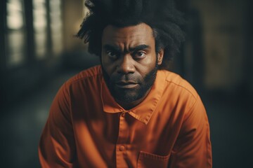 Fototapeta premium Prisoner in an Orange Suit sitting in prison. Generative Ai