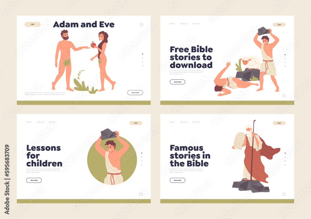 Wall mural set of landing page for online service offering free bible stories, religious education and study