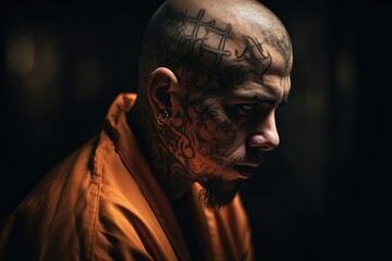Fototapeta na wymiar Prisoner in an Orange Suit sitting in prison. Generative Ai
