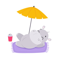 Cute Hippo Character Sunbathing on Beach Under Umbrella Vector Illustration
