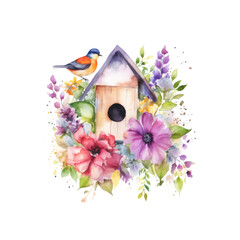 Watercolor Bird House, AI Generated