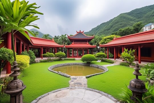 illustration, chinese style villa in the tropics, ai generative