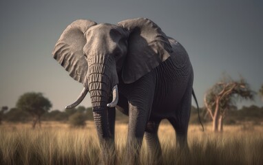 Obraz premium An elephant walks through a field with trees savannah in background african wildlife Generative AI