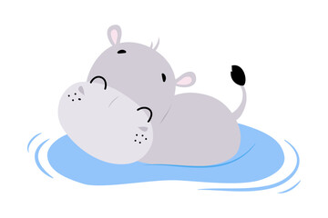 Cute Hippo Character Swimming in Swamp or River Vector Illustration