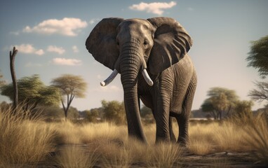 An elephant walks through a field with trees savannah in background african wildlife Generative AI